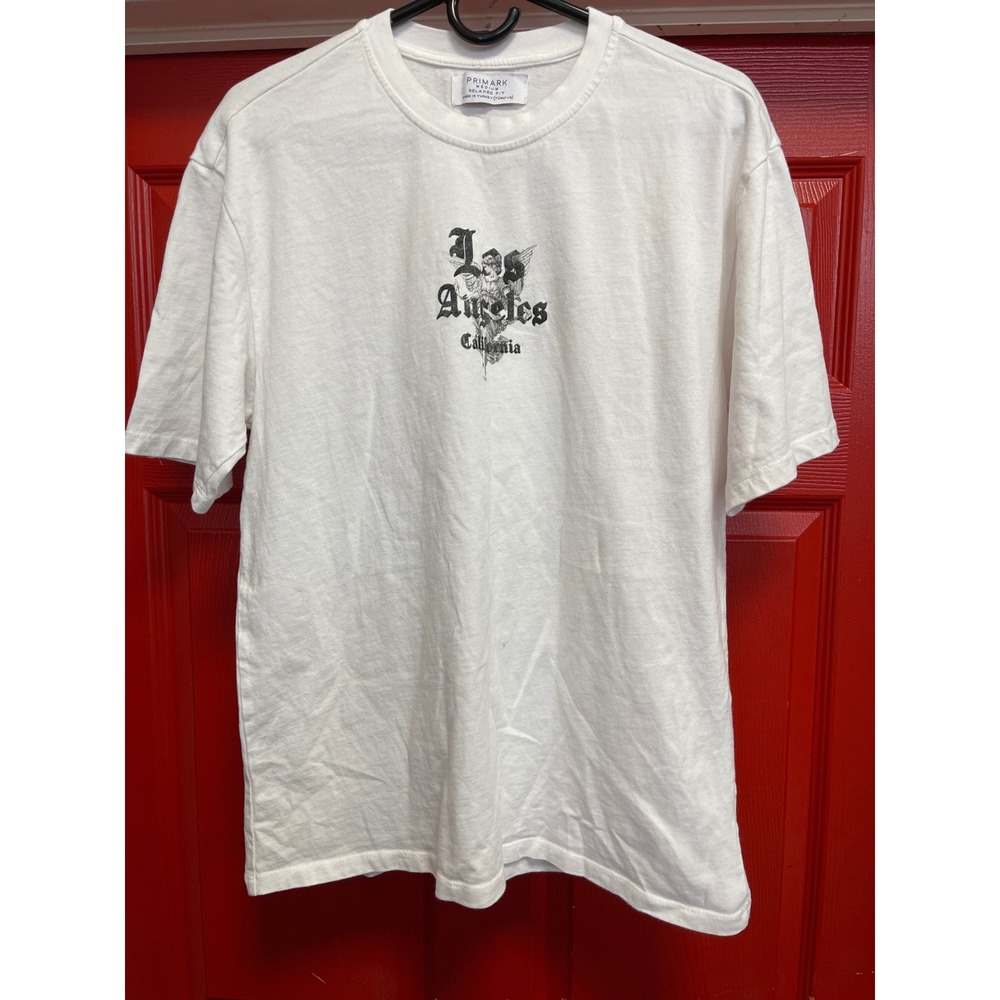 Primark Mens White Los Angeles Angel Graphic T-Shirt Relaxed Fit Medium